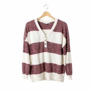 Striped V-Neck Henley Sweater in Cream and Mauve-Size XL